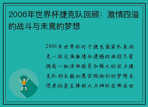 2006年世界杯捷克队回顾：激情四溢的战斗与未竟的梦想